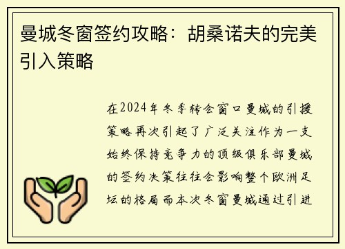 曼城冬窗签约攻略：胡桑诺夫的完美引入策略