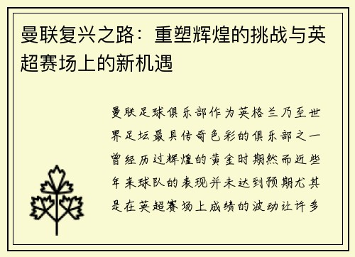 曼联复兴之路：重塑辉煌的挑战与英超赛场上的新机遇
