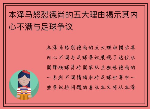 本泽马怒怼德尚的五大理由揭示其内心不满与足球争议