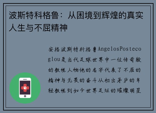 波斯特科格鲁：从困境到辉煌的真实人生与不屈精神