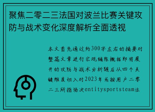 聚焦二零二三法国对波兰比赛关键攻防与战术变化深度解析全面透视