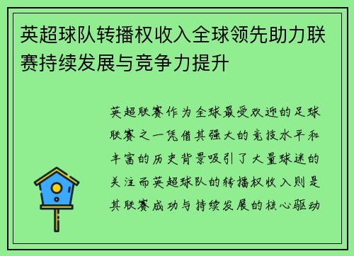 英超球队转播权收入全球领先助力联赛持续发展与竞争力提升